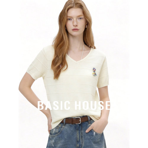 Basic House/百家好法式白色V领短袖针织衫女夏慵懒风百搭上衣