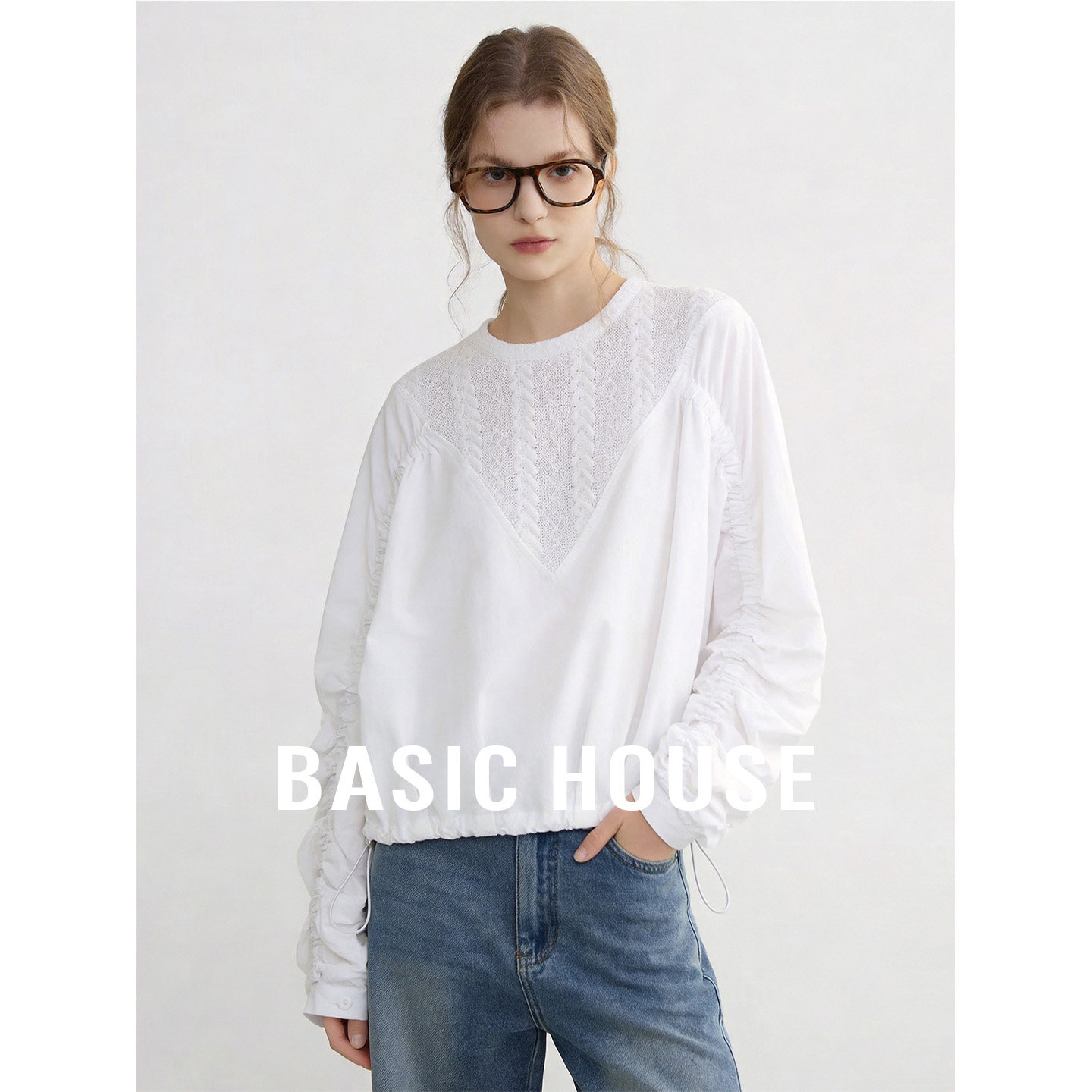 Basic House/百家好高级感圆领拼接衬衫夏季新款纯色宽松长袖衬衣