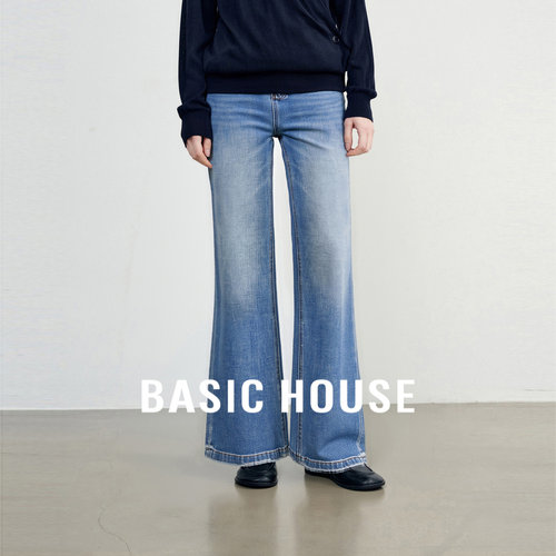 Basic House/百家好复古风水洗磨白直筒微喇牛仔裤高腰显瘦长裤女