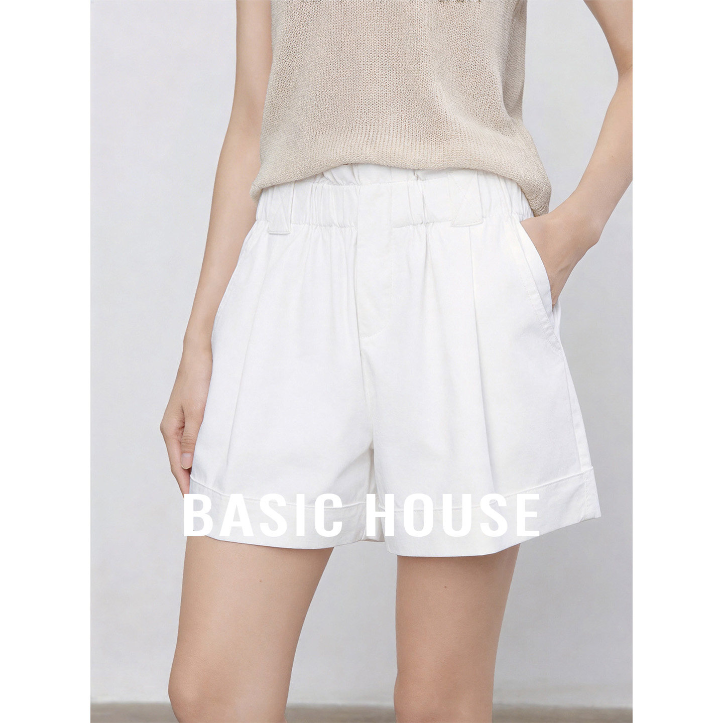 Basic House/百家好压褶卷边阔腿短裤2026夏季新款高腰显瘦直筒裤