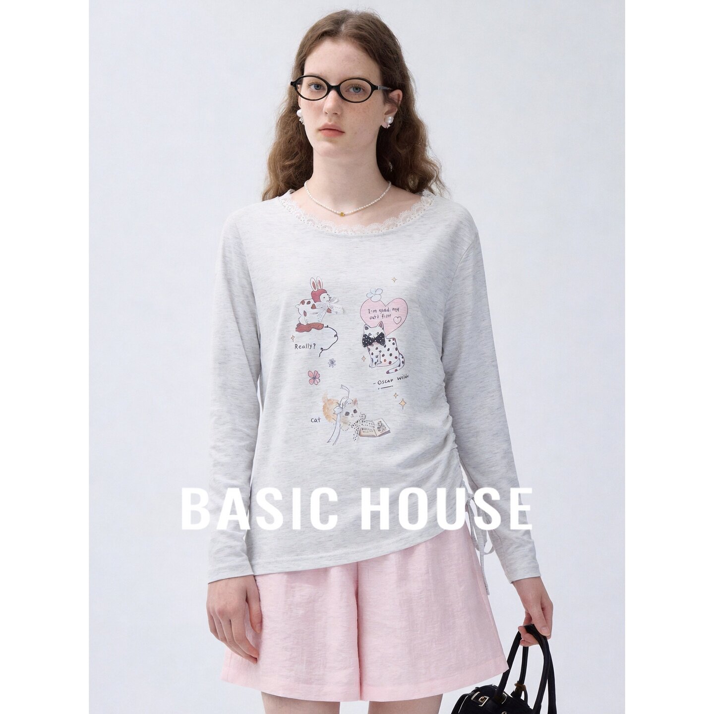 Basic House/百家好韩系抽绳收腰长袖T恤女蕾丝领上衣秋日穿搭