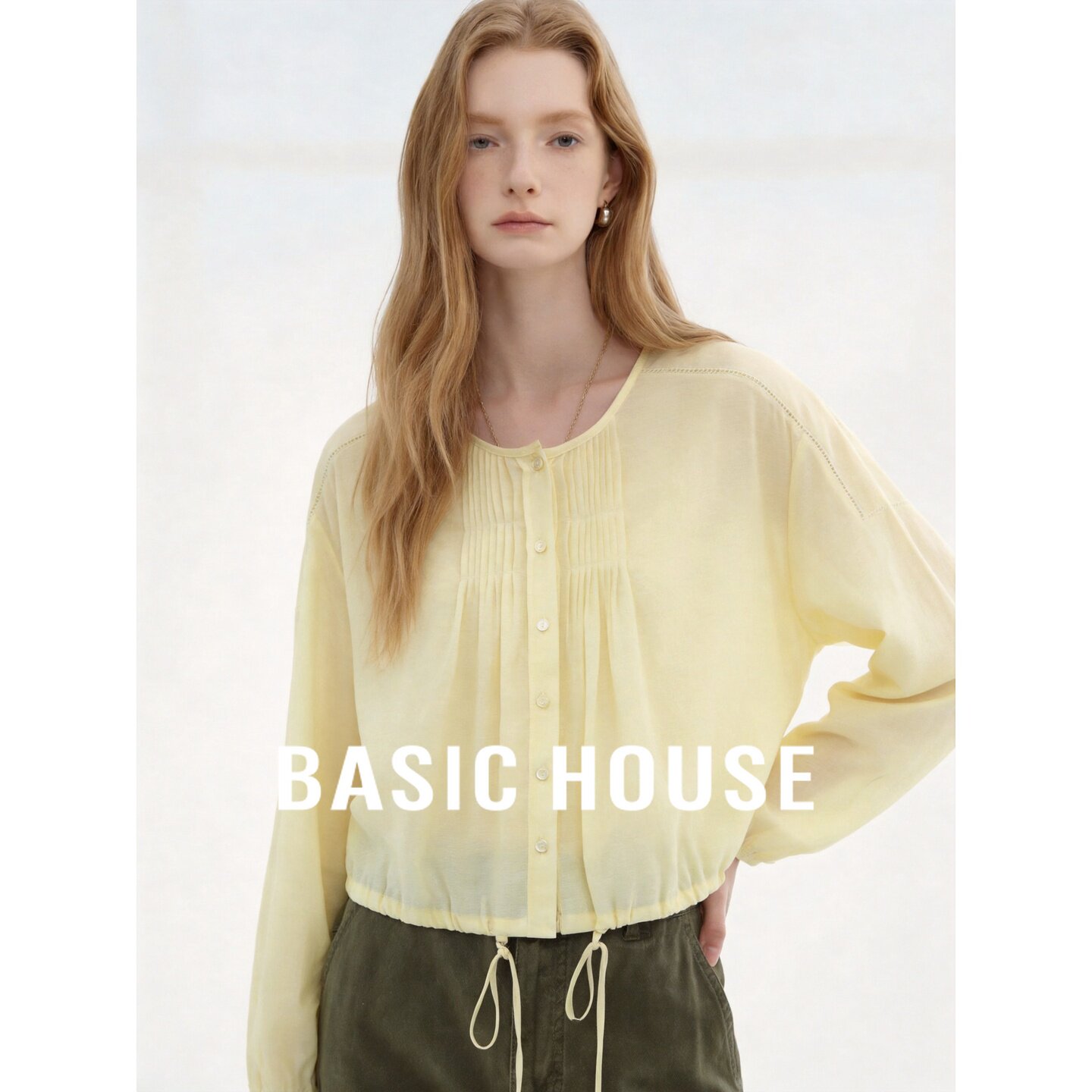 Basic House/百家好莱赛尔黄色衬衫女26夏款轻薄舒适圆领长袖上衣