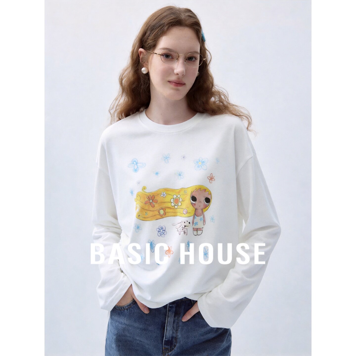 Basic House/百家好2026秋季莱赛尔白色圆领卡通动物宽松长袖T恤
