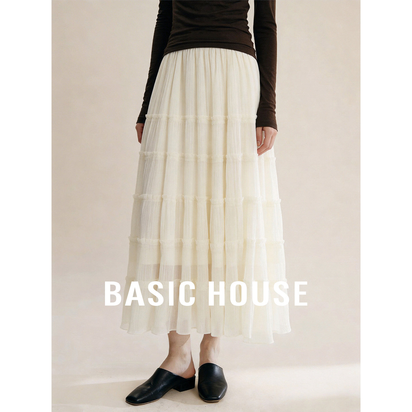 Basic House/百家好纯色网纱拼接蛋糕裙2026秋季浪漫肌理感纱裙女
