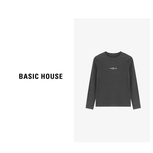 Basic House/百家好撞色圆领T恤2026新款简约显瘦宽松长袖上衣女