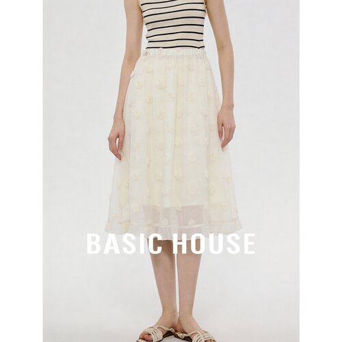 Basic House/百家好法式立体绣花半身裙女夏新款抽褶设计感A字裙