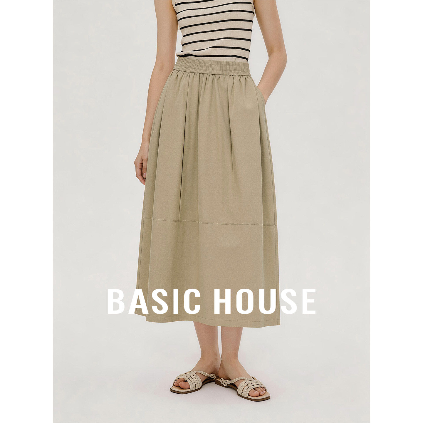 Basic House/百家好卡其色松紧腰褶皱半身裙女中长款A字显瘦伞裙