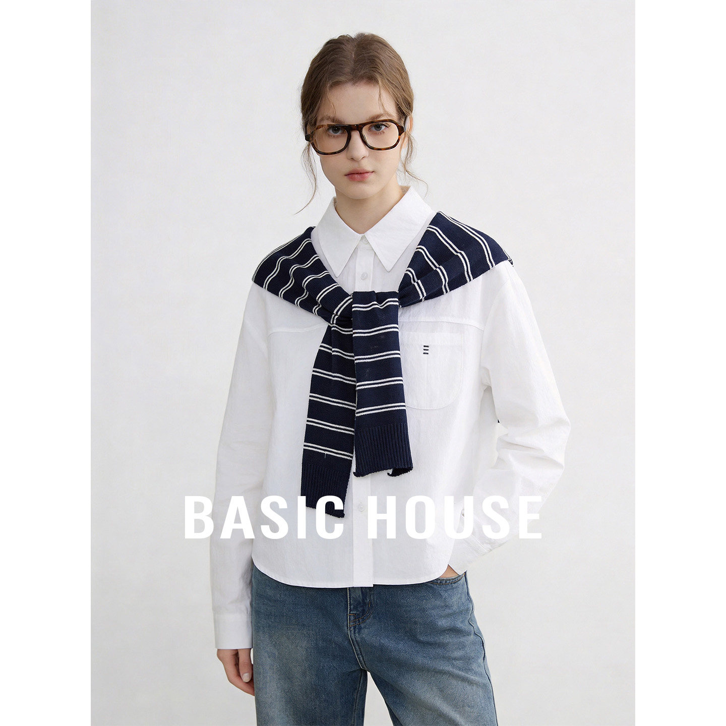 Basic House/百家好纯色polo领衬衫秋季新款条纹披肩莫代尔衬衣女