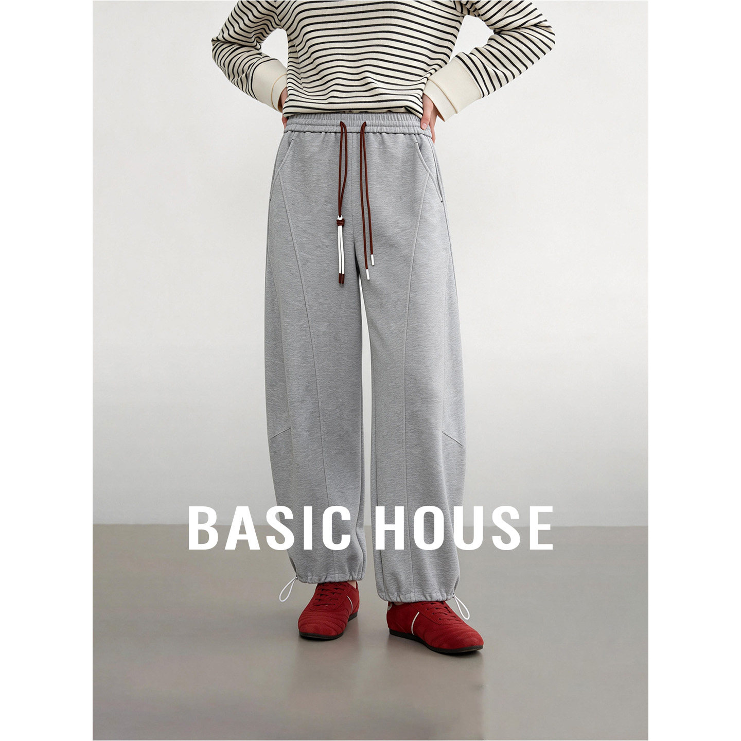 Basic House/百家好经典灰色抽绳设计感直筒裤女春季百搭束脚裤