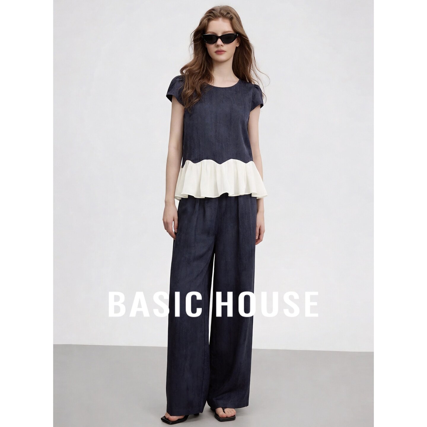 Basic House/百家好藏青色雪纺衫上衣阔腿裤两件套装女小个子穿搭