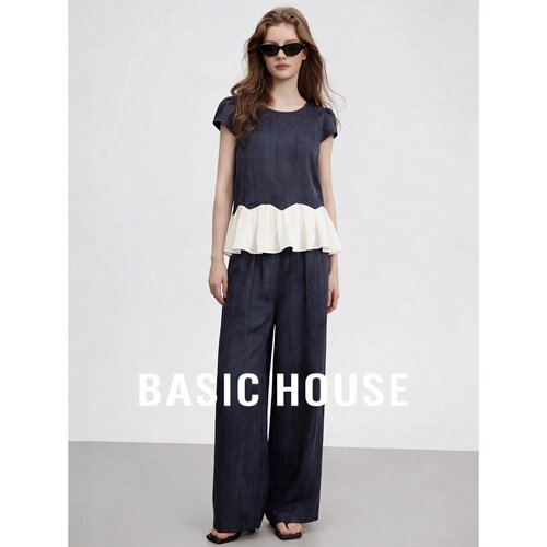 Basic House/百家好藏青色雪纺衫上衣阔腿裤两件套装女小个子穿搭