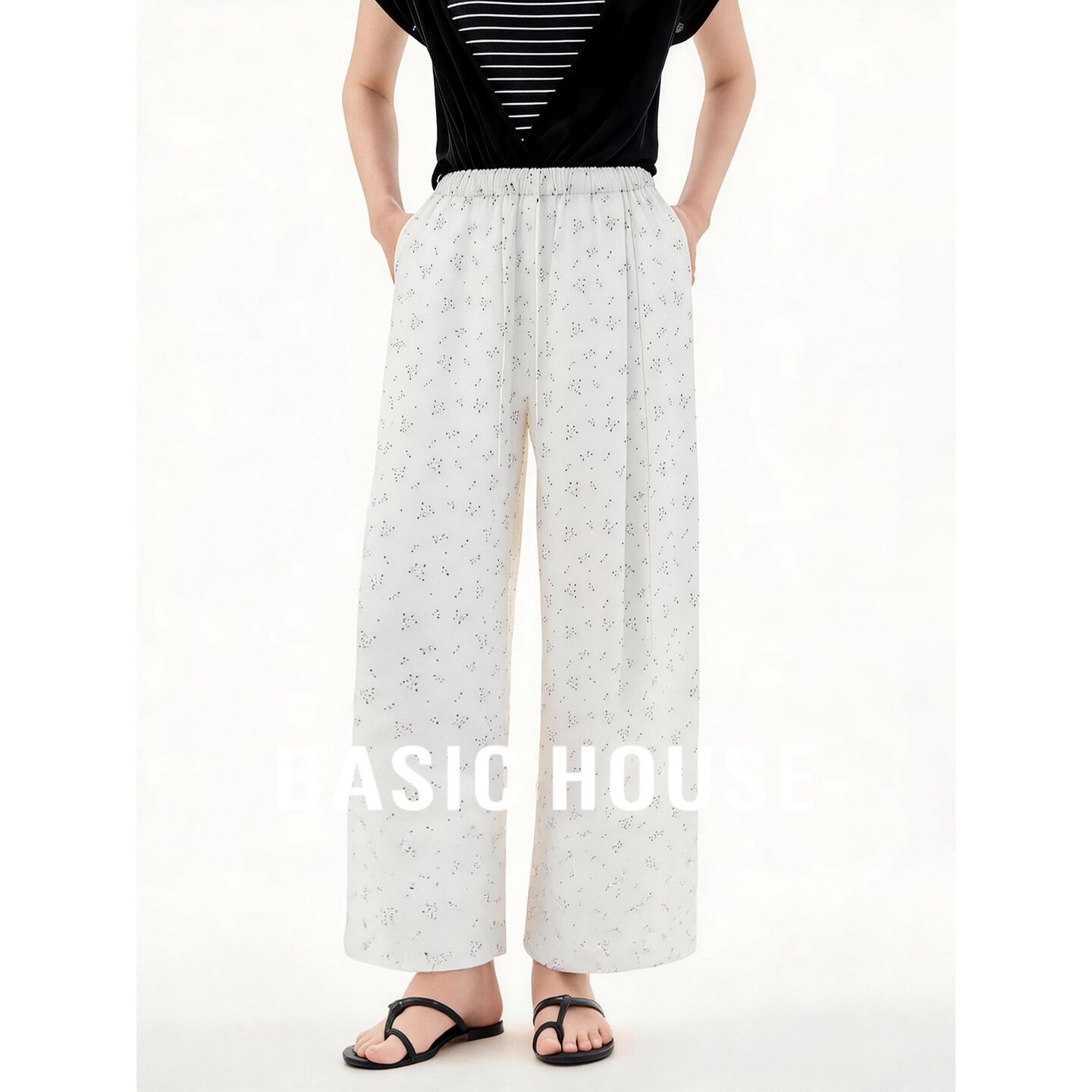 Basic House/百家好慵懒风白色波点裤女夏季新款抽绳阔腿休闲长裤