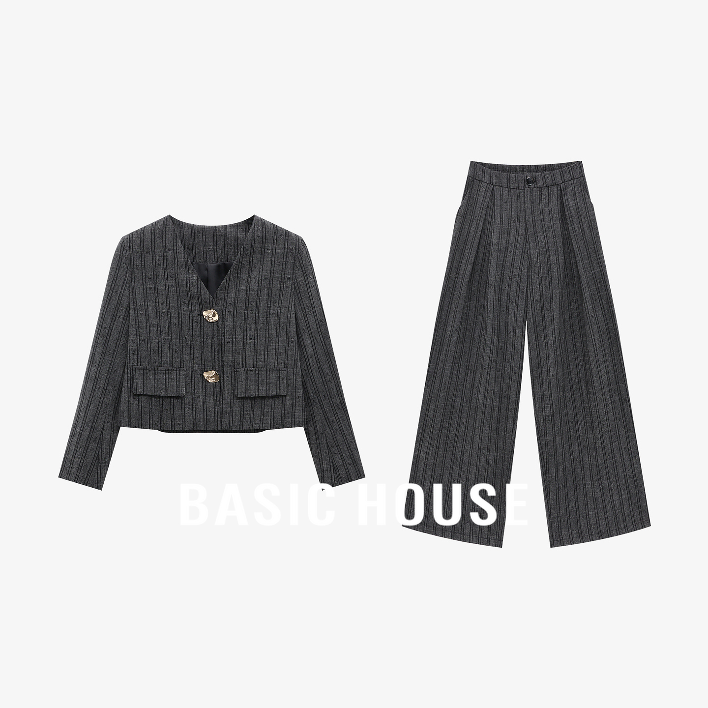 Basic House/百家好高级感条纹西装套装V领短外套直筒长裤两件套