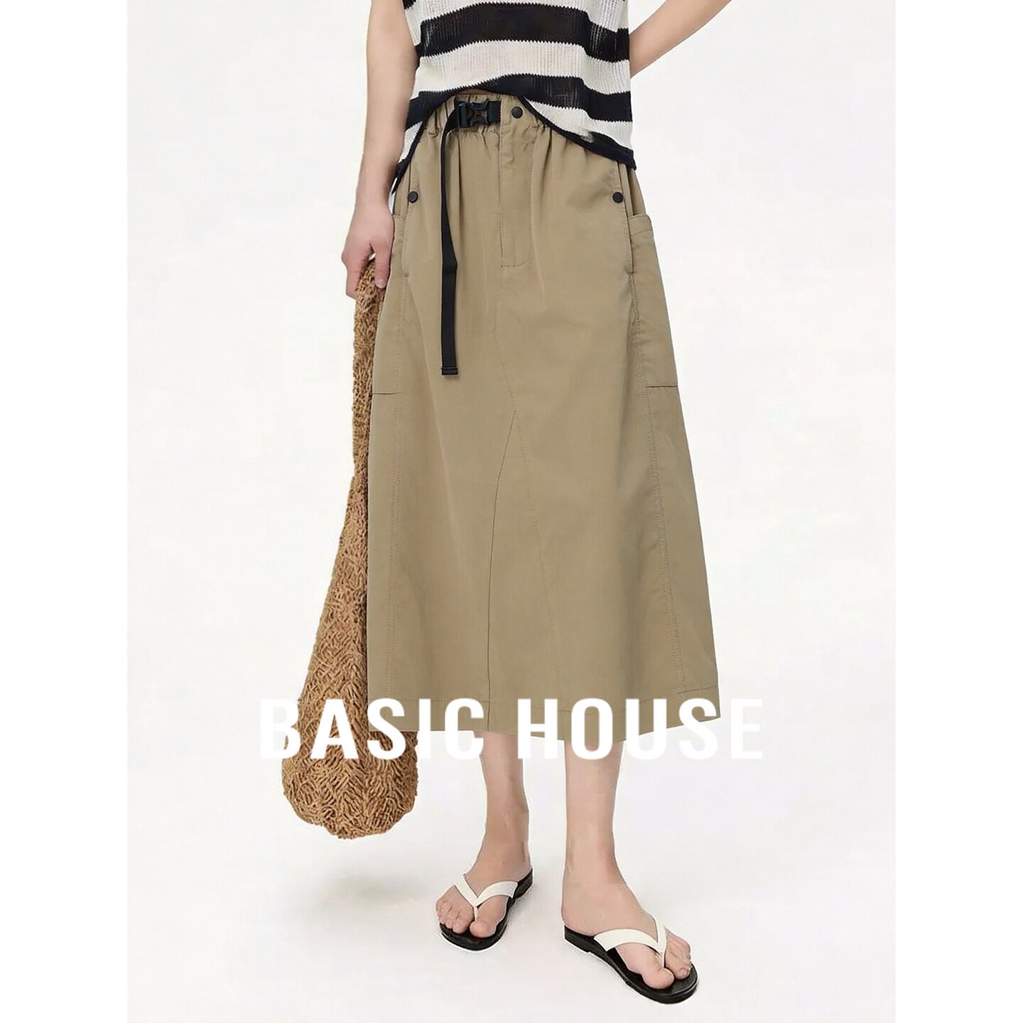 Basic House/百家好工装风卡其色半身裙中长裙腰间系带设计感半裙