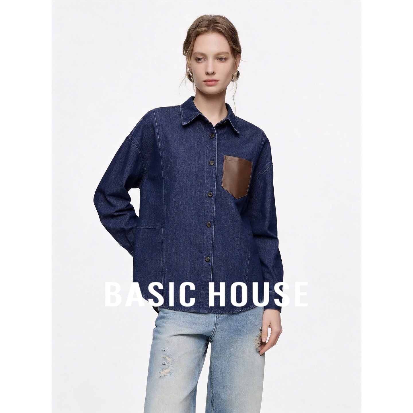 Basic House/百家好复古牛仔衬衫女长袖宽松慵懒风翻领拼接外套秋