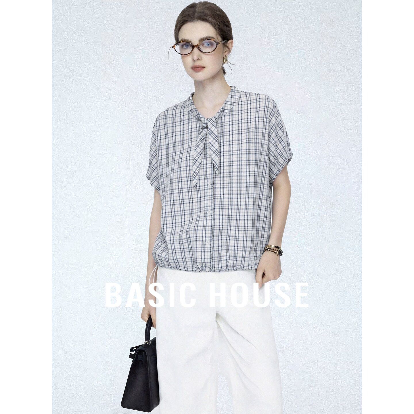 Basic House/百家好韩系学院风格子衬衫女短袖系带宽松显瘦上衣夏