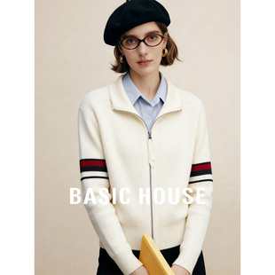 女春季 Basic 针织衫 百家好杏色翻领简约长袖 休闲百搭上衣 House