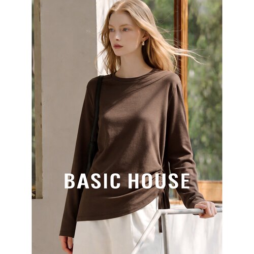 Basic House/百家好莱赛尔抽绳长袖T恤女修身显瘦百搭气质上衣