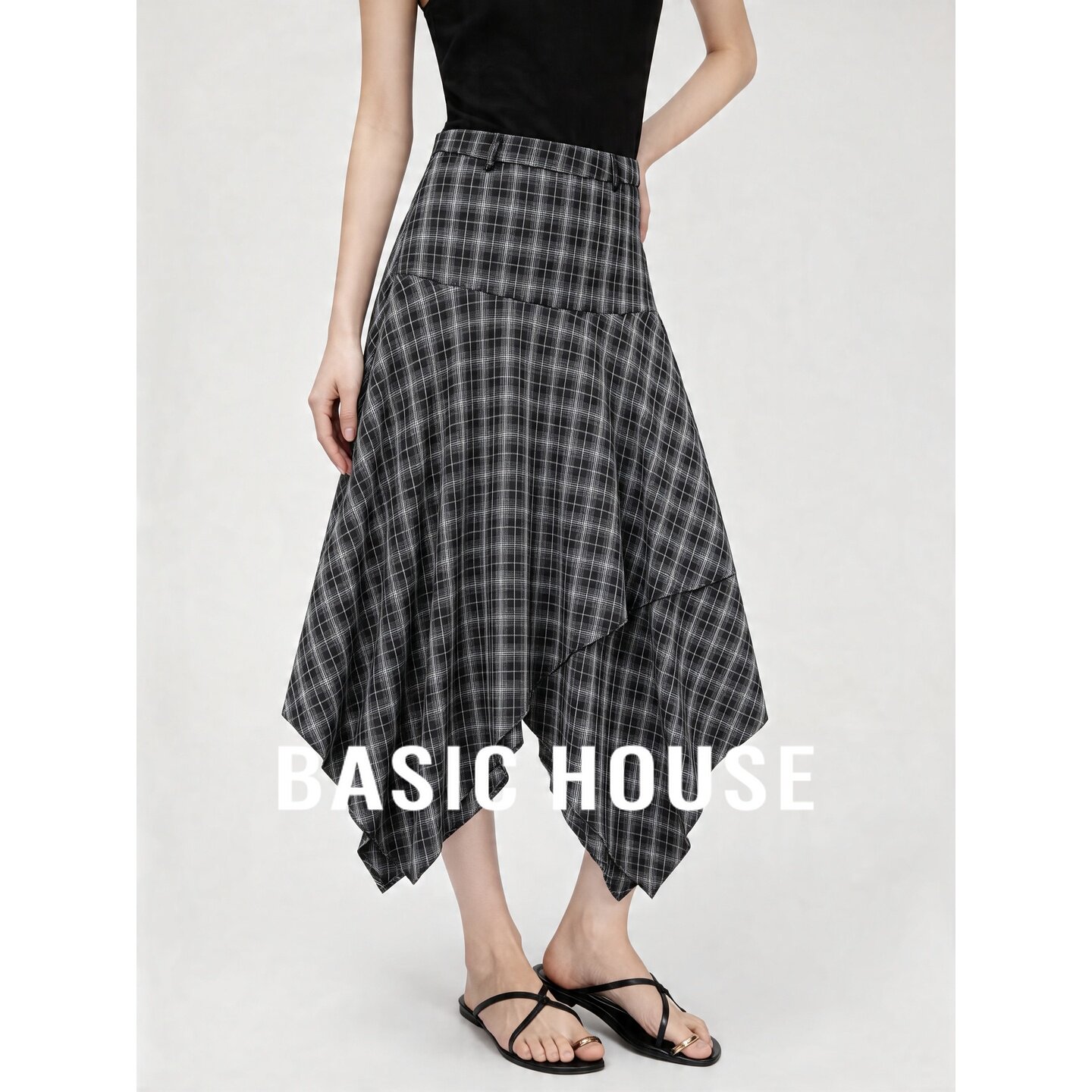 Basic House/百家好高腰不规则下摆设计感半身裙女夏季格子中长裙