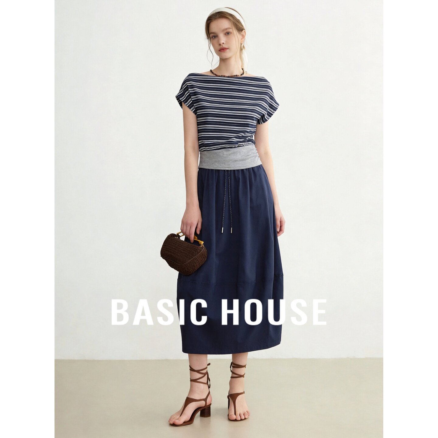 Basic House/百家好韩系条纹短袖高腰半身裙女2026夏季休闲两件套