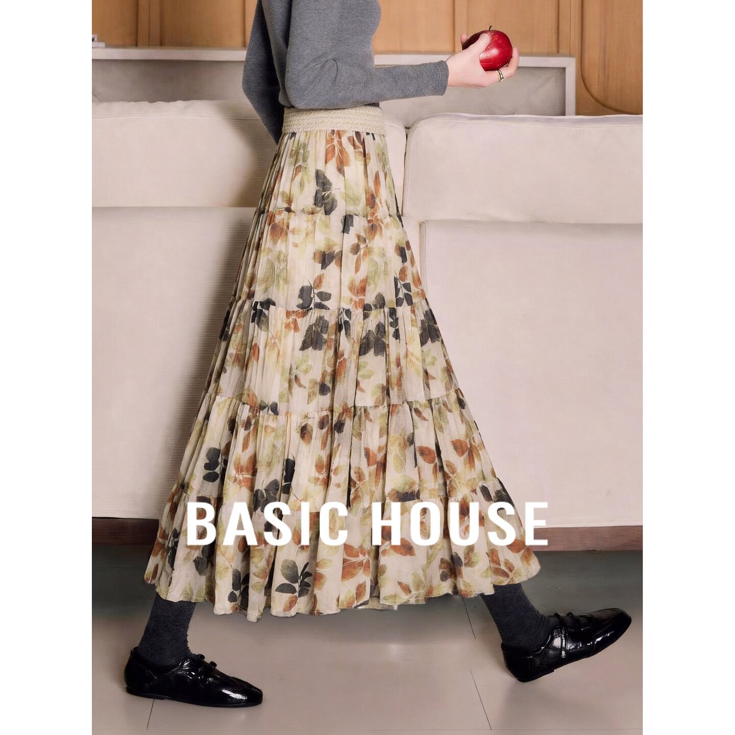 Basic House/百家好文艺度假风印花半身裙女A字大摆长裙松紧腰
