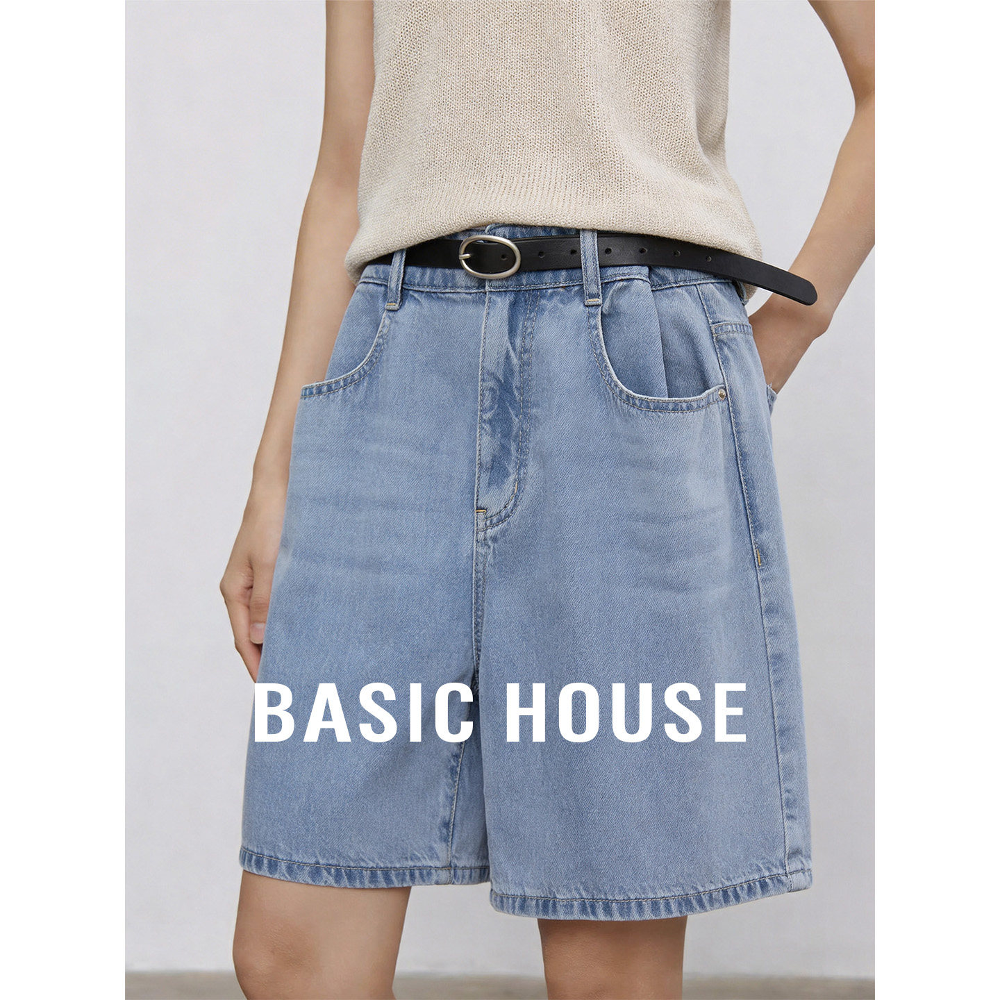 Basic House/百家好蓝色高腰牛仔短裤女26夏季宽松显瘦阔腿五分裤