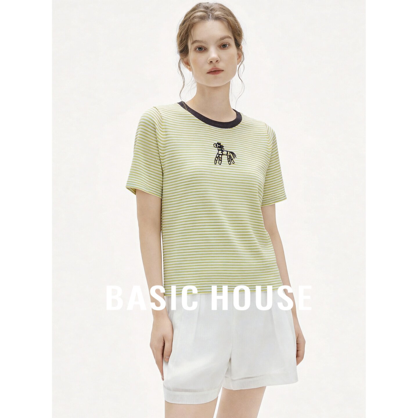 Basic House/百家好黄色条纹设计感短袖针织衫女夏季撞色百搭上衣
