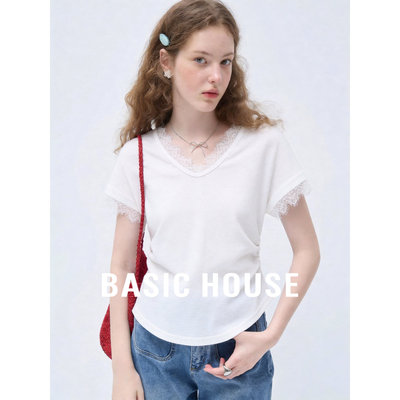 Basic House/百家好法式V领蕾丝拼接短袖女夏季白色简约显瘦上衣