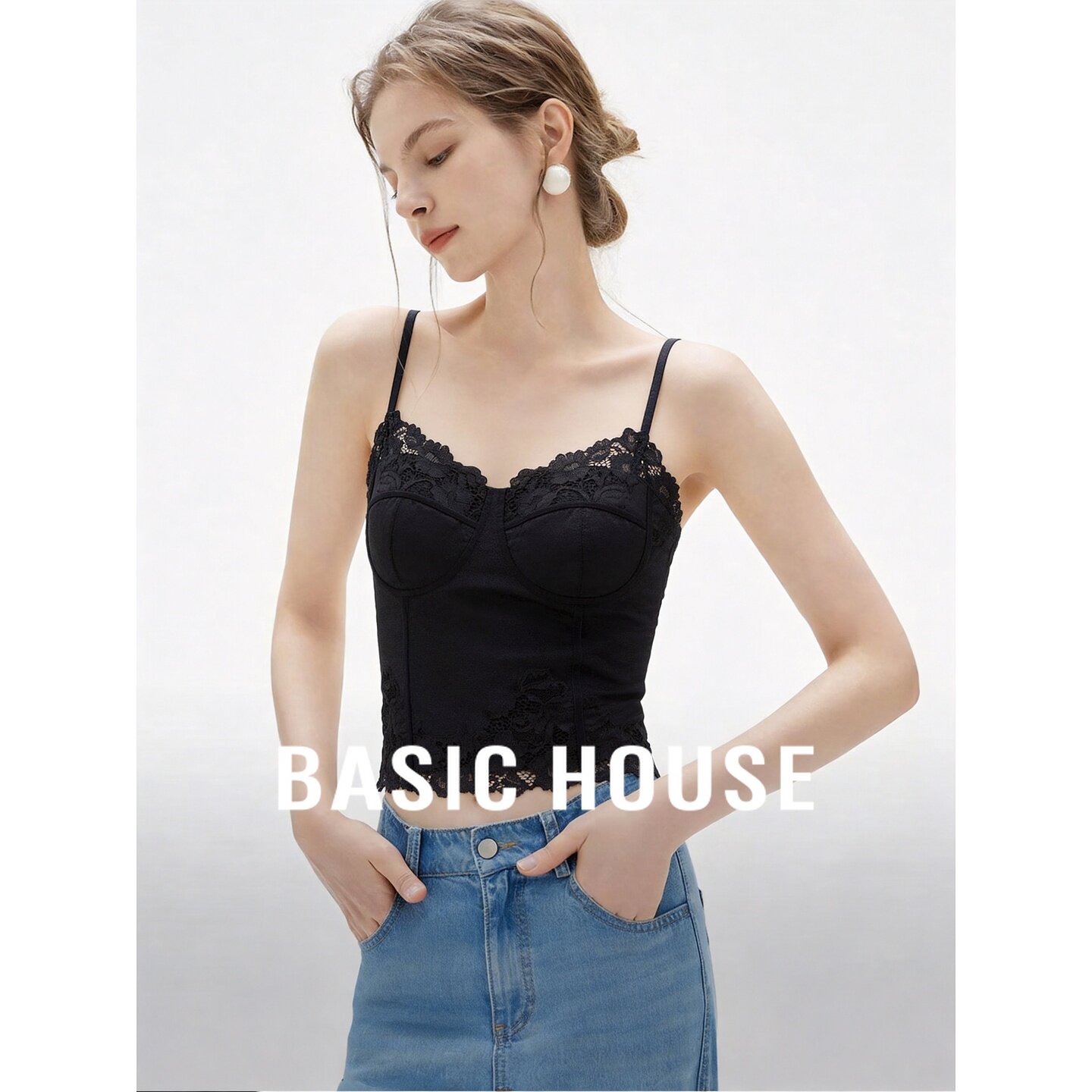 Basic House/百家好黑色蕾丝吊带背心女细肩带设计感内搭上衣夏季
