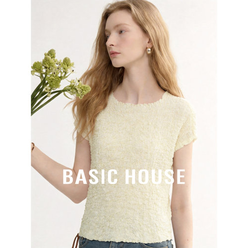 Basic House/百家好米白色圆领短袖T恤女夏季莱赛尔修身显瘦上衣