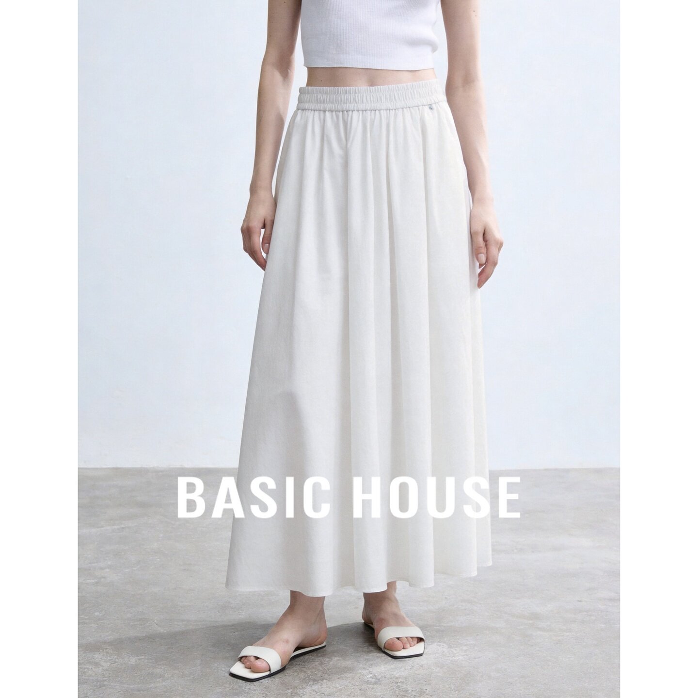 Basic House/百家好白色A字半身裙女夏显瘦大摆中长款温柔风裙子