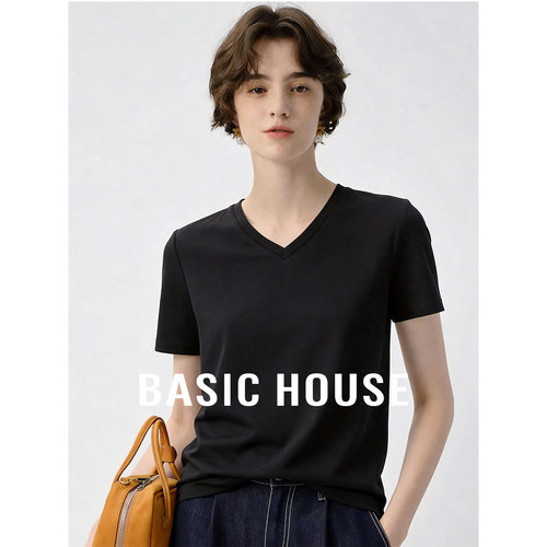 Basic House/百家好黑色V领基础简约T恤女夏季新款舒适内搭上衣