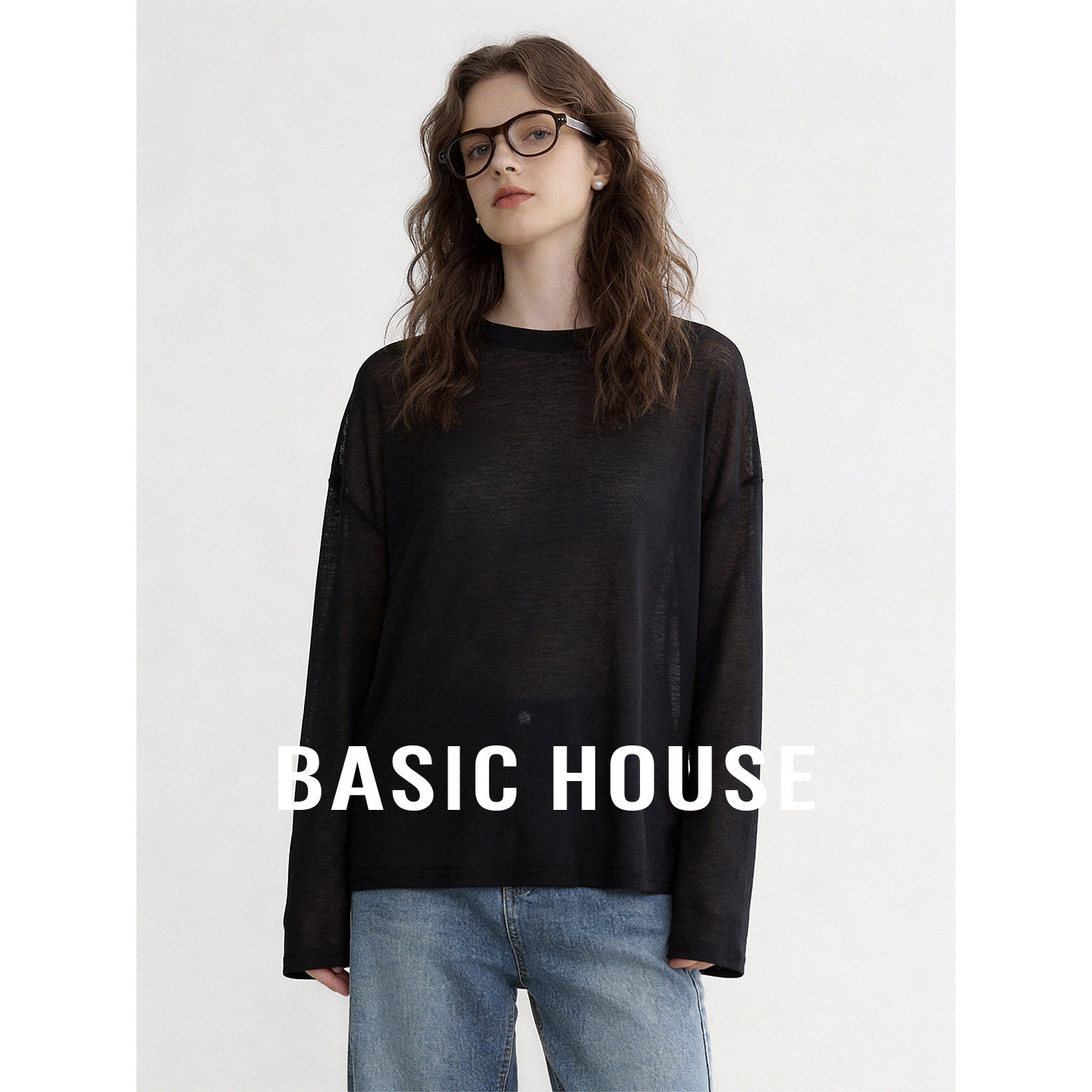 Basic House/百家好黑色宽松显瘦遮肉长袖打底衫女夏季透气T恤女
