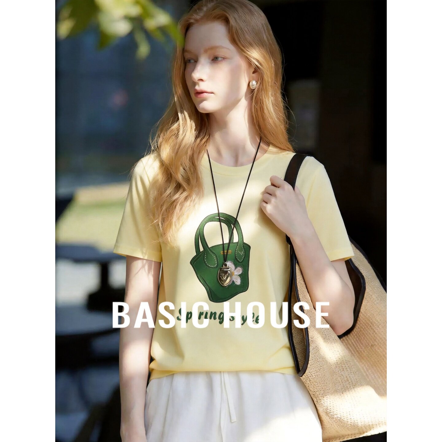 Basic House/百家好黄色时尚休闲印花短袖百搭宽松显瘦T恤夏季女
