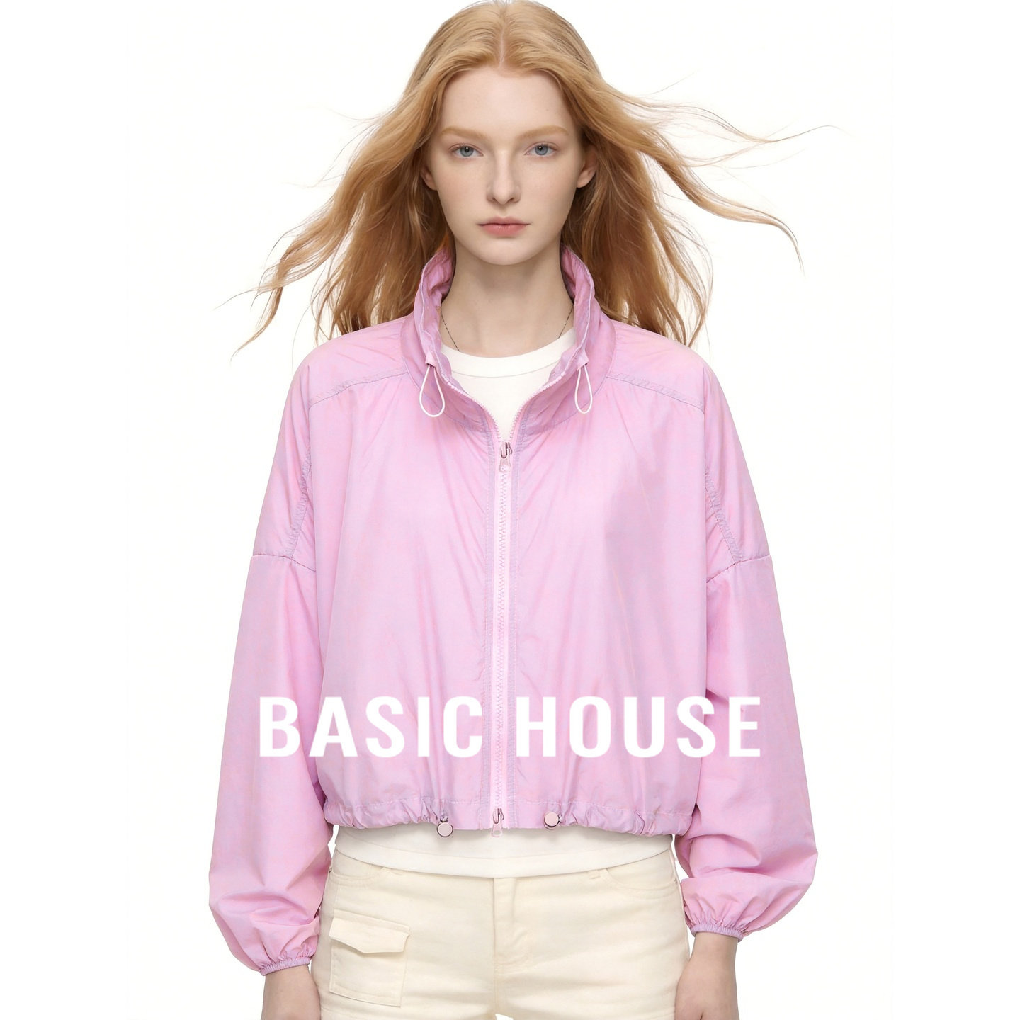 Basic House/百家好简约现代风粉色立领短外套女宽松防晒上衣夏款