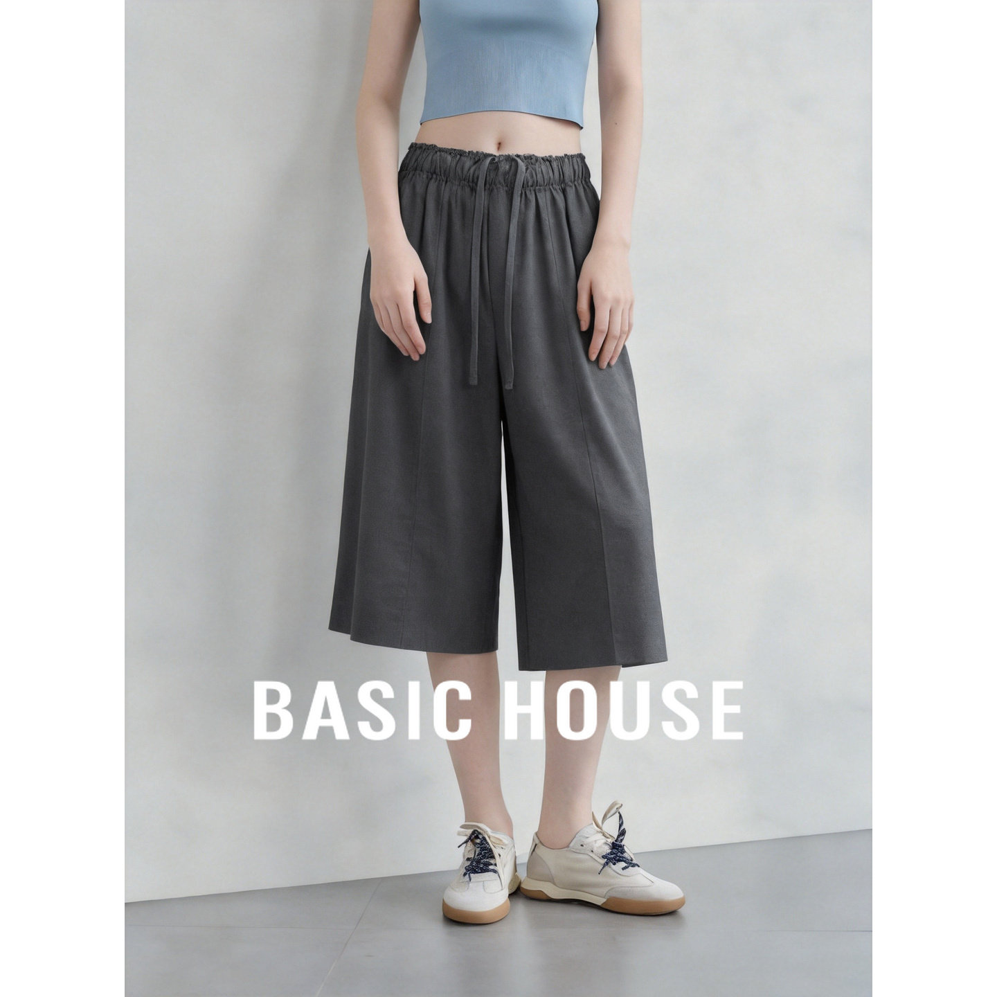 Basic House/百家好极简风高腰阔腿裤女夏宽松抽绳休闲裤七分裤子