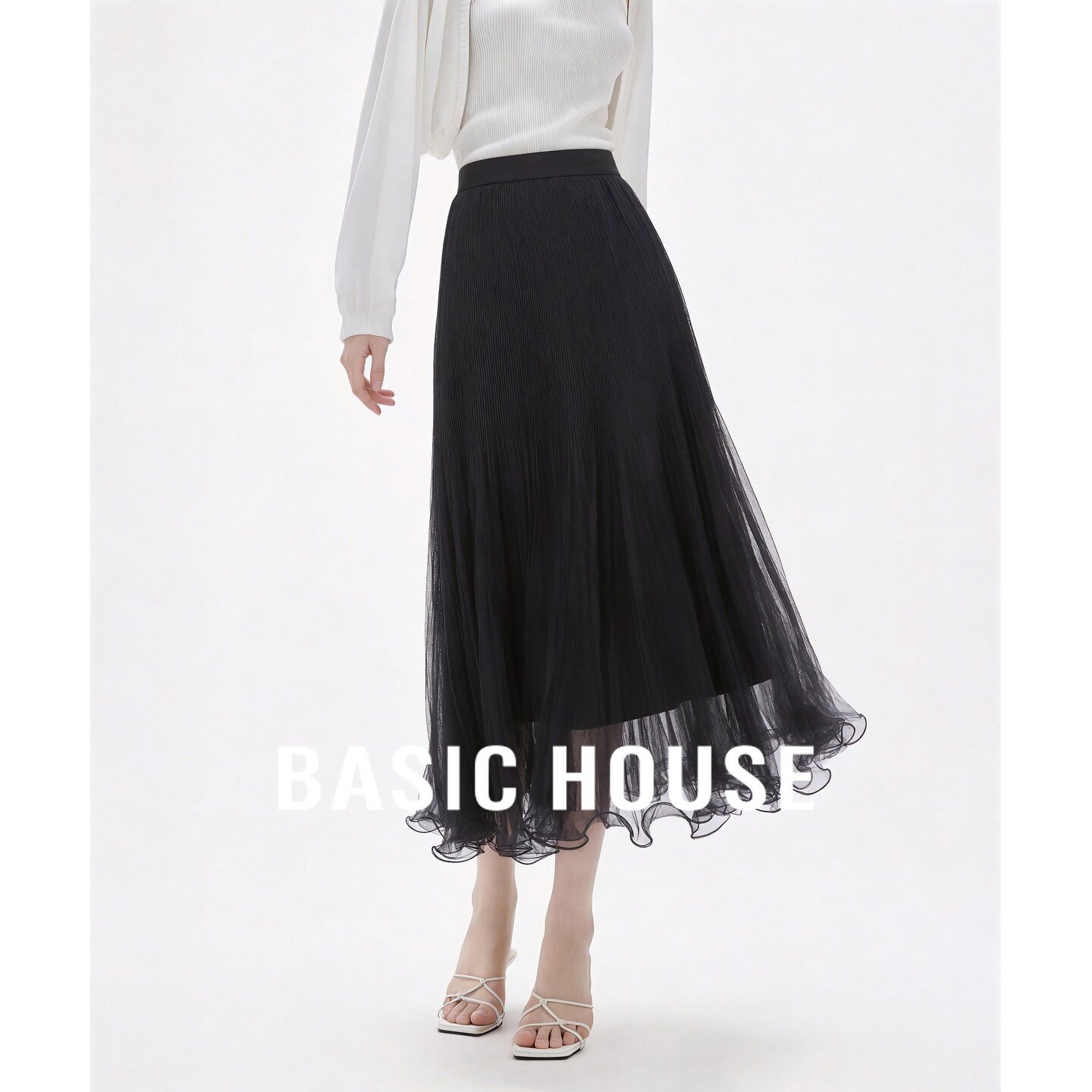 Basic House/百家好优雅风黑色百褶半身裙女高腰显瘦A字中长纱裙