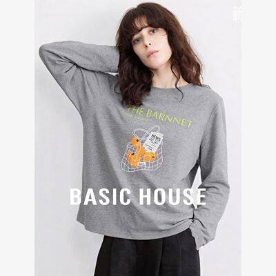 Basic House/百家好韩系字母印花长袖T恤宽松百搭休闲打底衫上衣