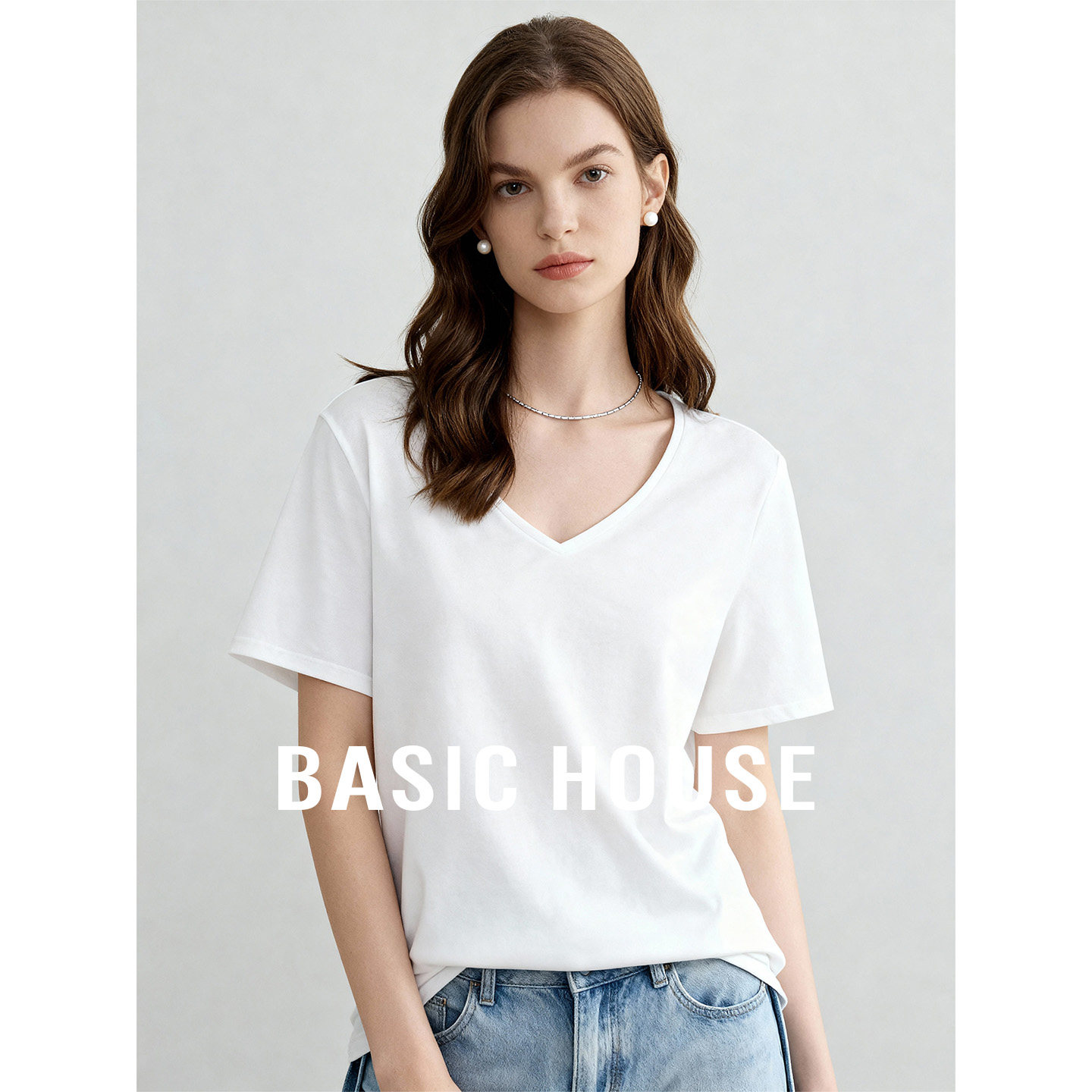 Basic House/百家好白色亚麻蚕丝基础简约短袖T恤女春夏打底上衣