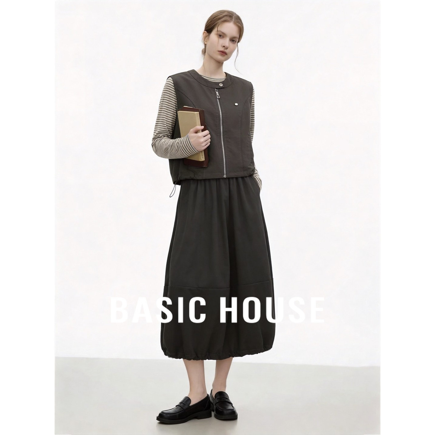 Basic House/百家好休闲条纹上衣搭配马甲伞裙三件套女淡人穿搭