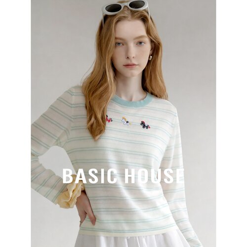 Basic House/百家好条纹设计感长袖针织衫女夏季刺绣松弛感上衣
