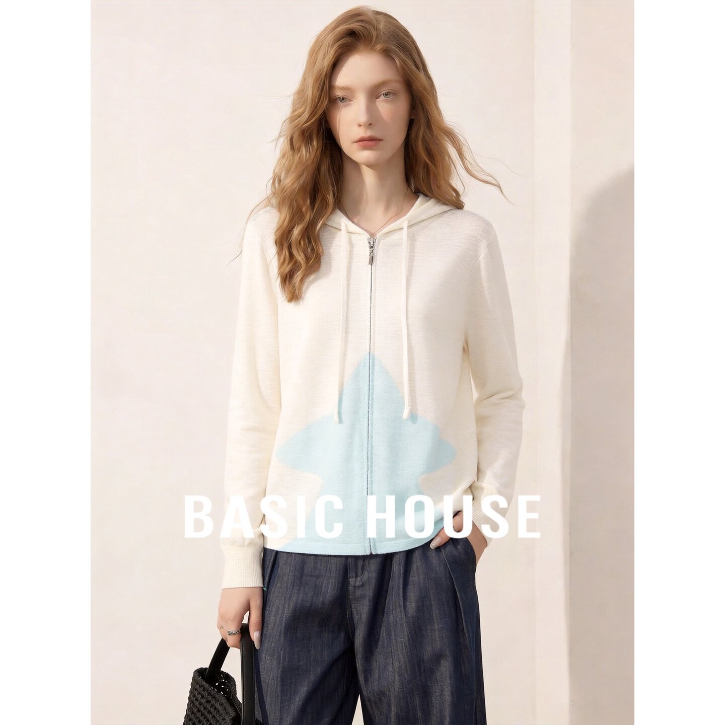Basic House/百家好新款星星连帽拉链针织开衫女短款外套早秋穿搭