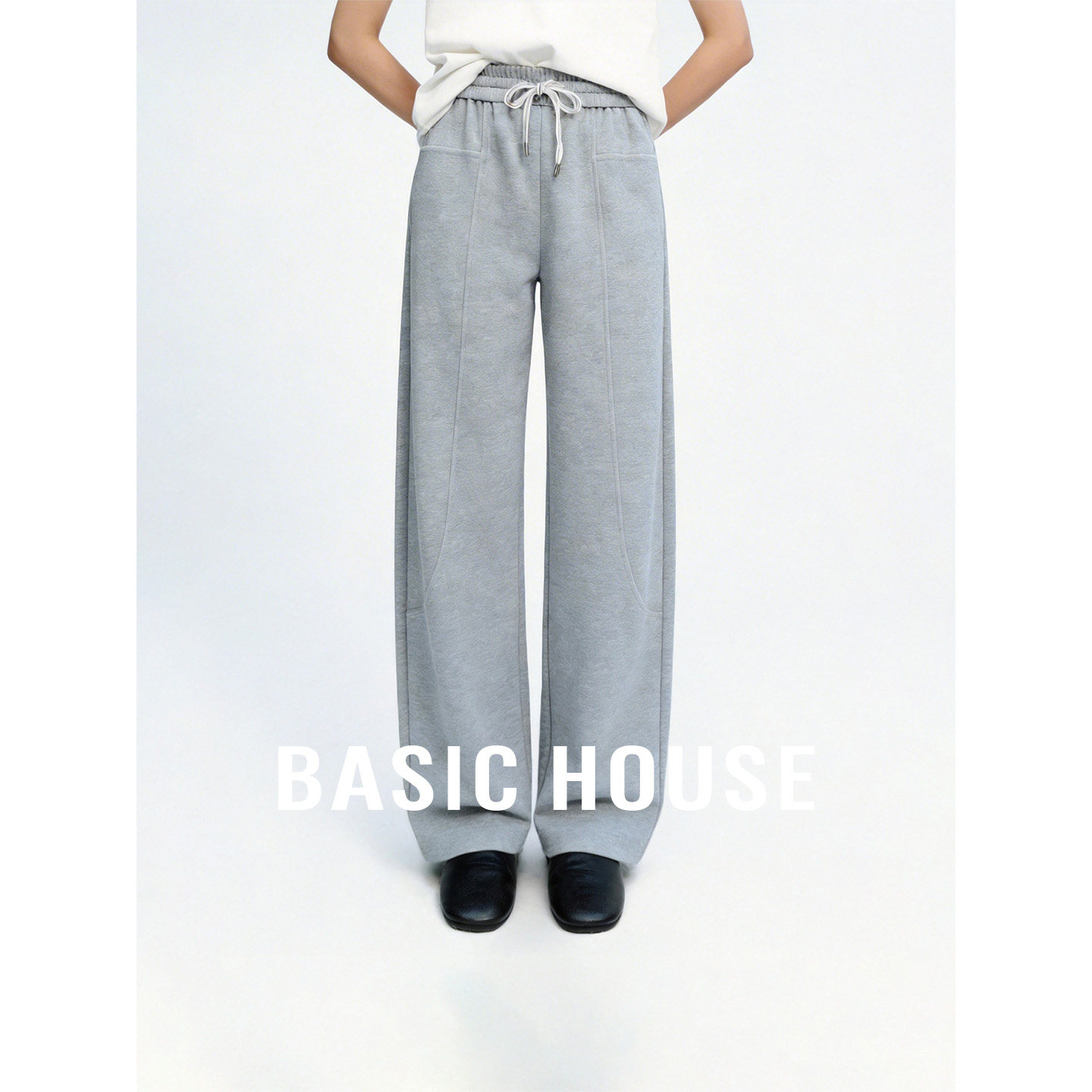 Basic House/百家好灰色高腰阔腿运动长裤子女秋季百搭宽松休闲裤