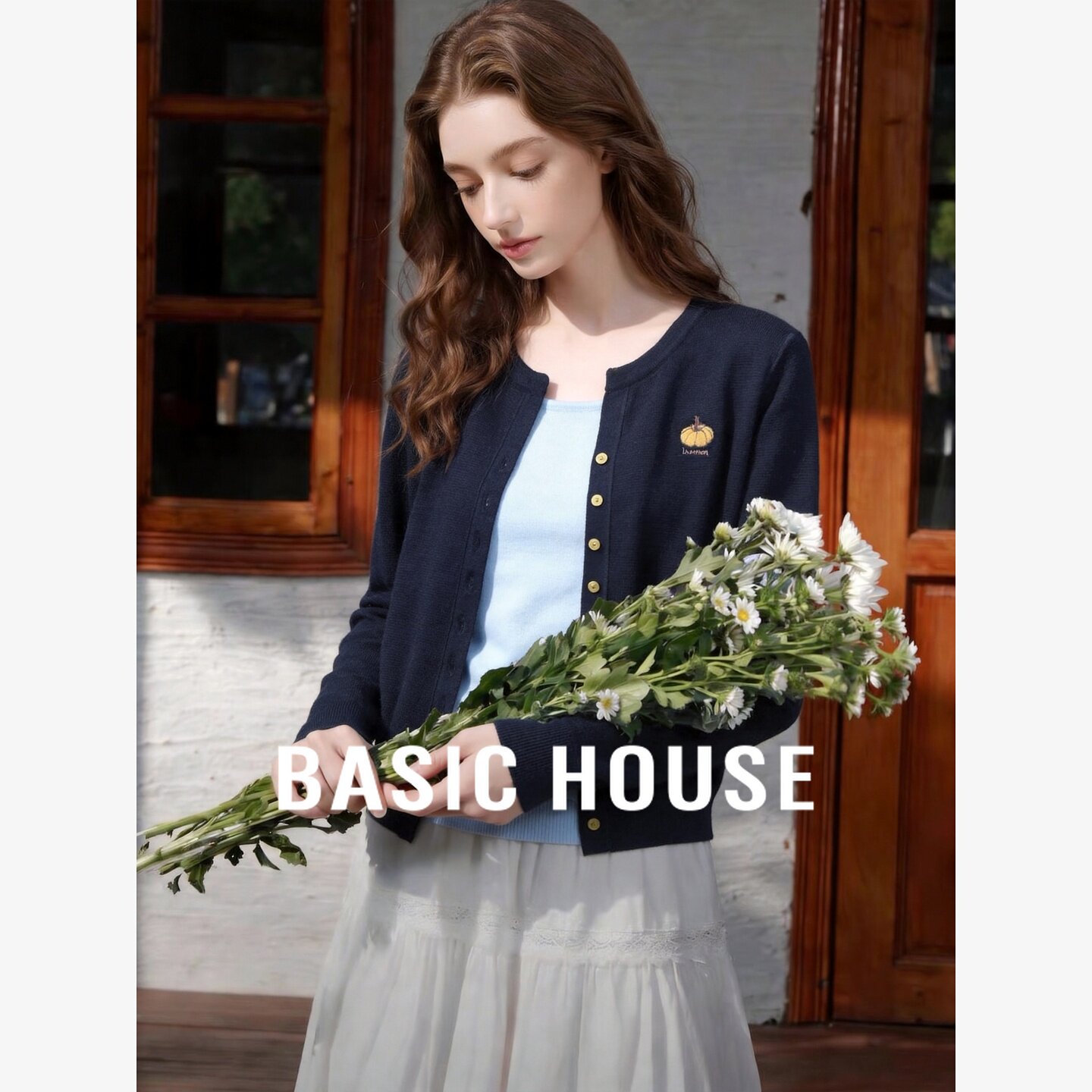 Basic House/百家好学院风刺绣假两件针织开衫女宽松百搭毛衣外套