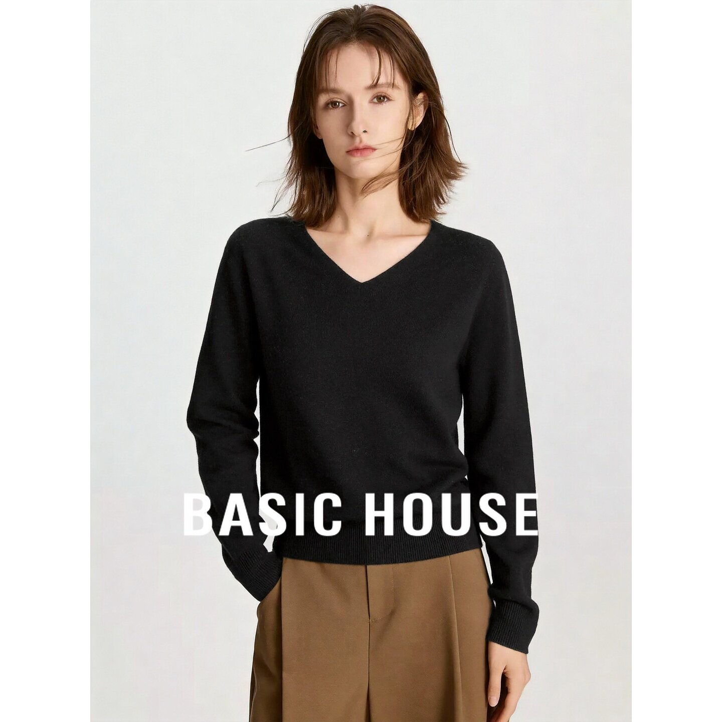 Basic House/百家好2026秋季纯羊毛黑色圆领螺纹直筒长袖针织衫女