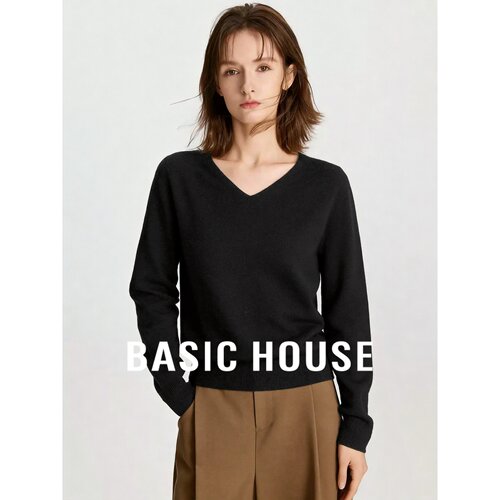 Basic House/百家好2026秋季纯羊毛黑色圆领螺纹直筒长袖针织衫女