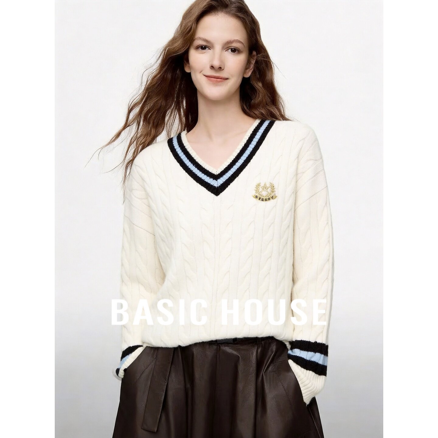 Basic House/百家好学院风V领撞色条纹毛衣女白色针织衫秋季新款