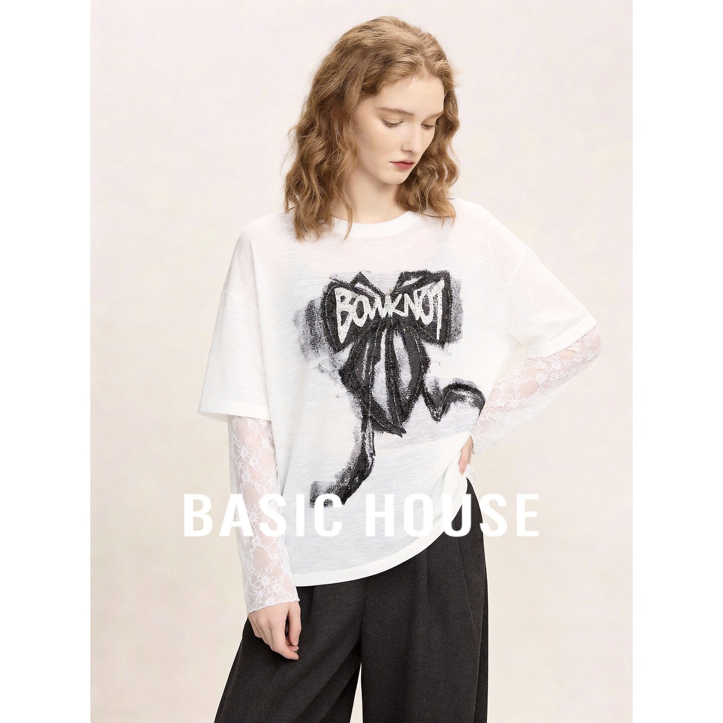 Basic House/百家好假两件蕾丝拼接针织衫女蝴蝶结印花显瘦上衣