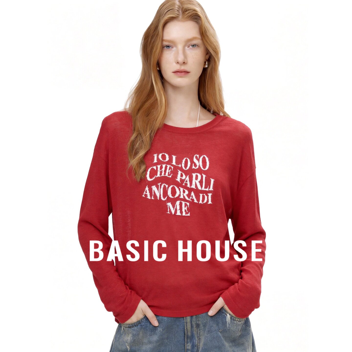 Basic House/百家好复古红色字母长袖针织衫女秋宽松显瘦薄款罩衫