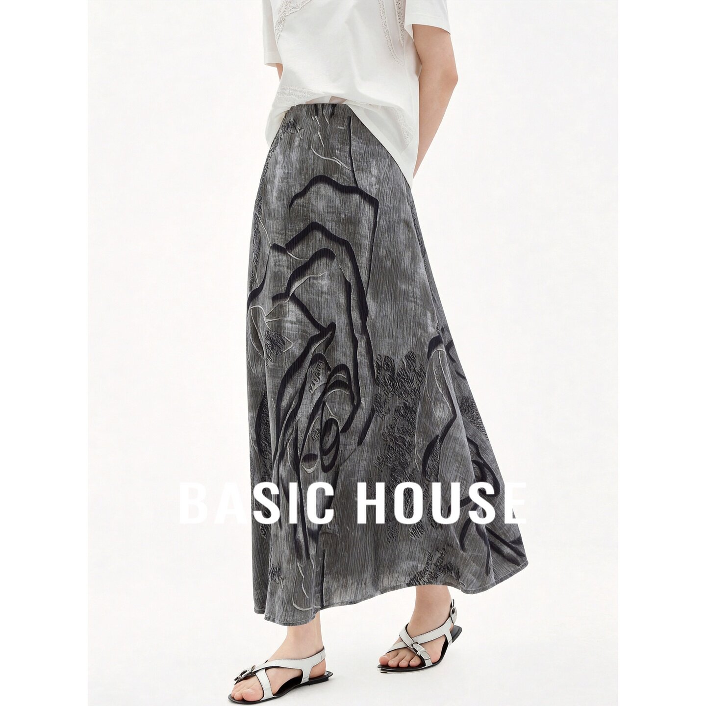Basic House/百家好灰色复古印花半身裙女26夏季高腰显瘦A字长裙